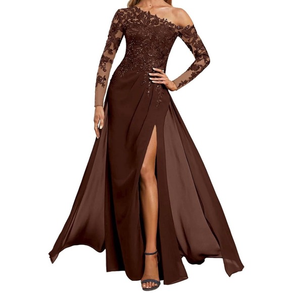 Dresses & Skirts - One Shoulder Lace Sequin Evening Gown Brown Long Sleeve High Slit Formal Dress